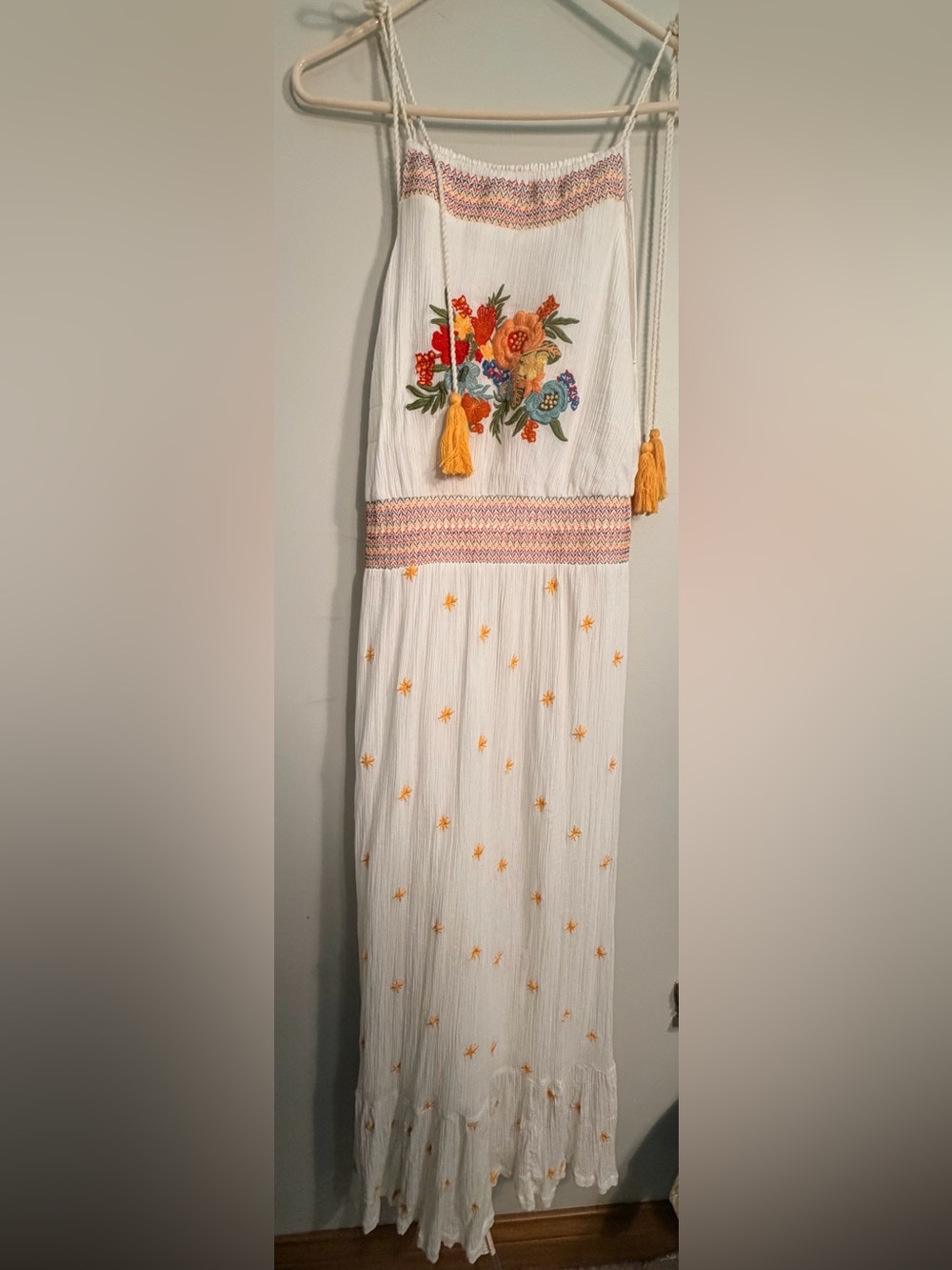 FARM Rio White Maxi Dress with Multicolor Floral Embroidery/ Yellow Tassels NWT